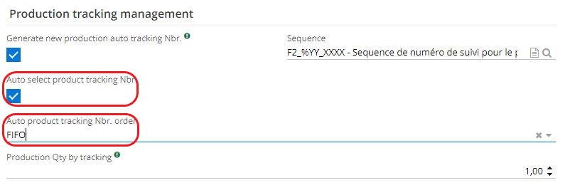 1.5. Still on the Tracking No. Configuration window, check the box Auto select product / sale tracking Nbr. Checking this box will make appear another field, Auto product / sale tracking Nbr order. In this field, select between FIFO or LIFO.